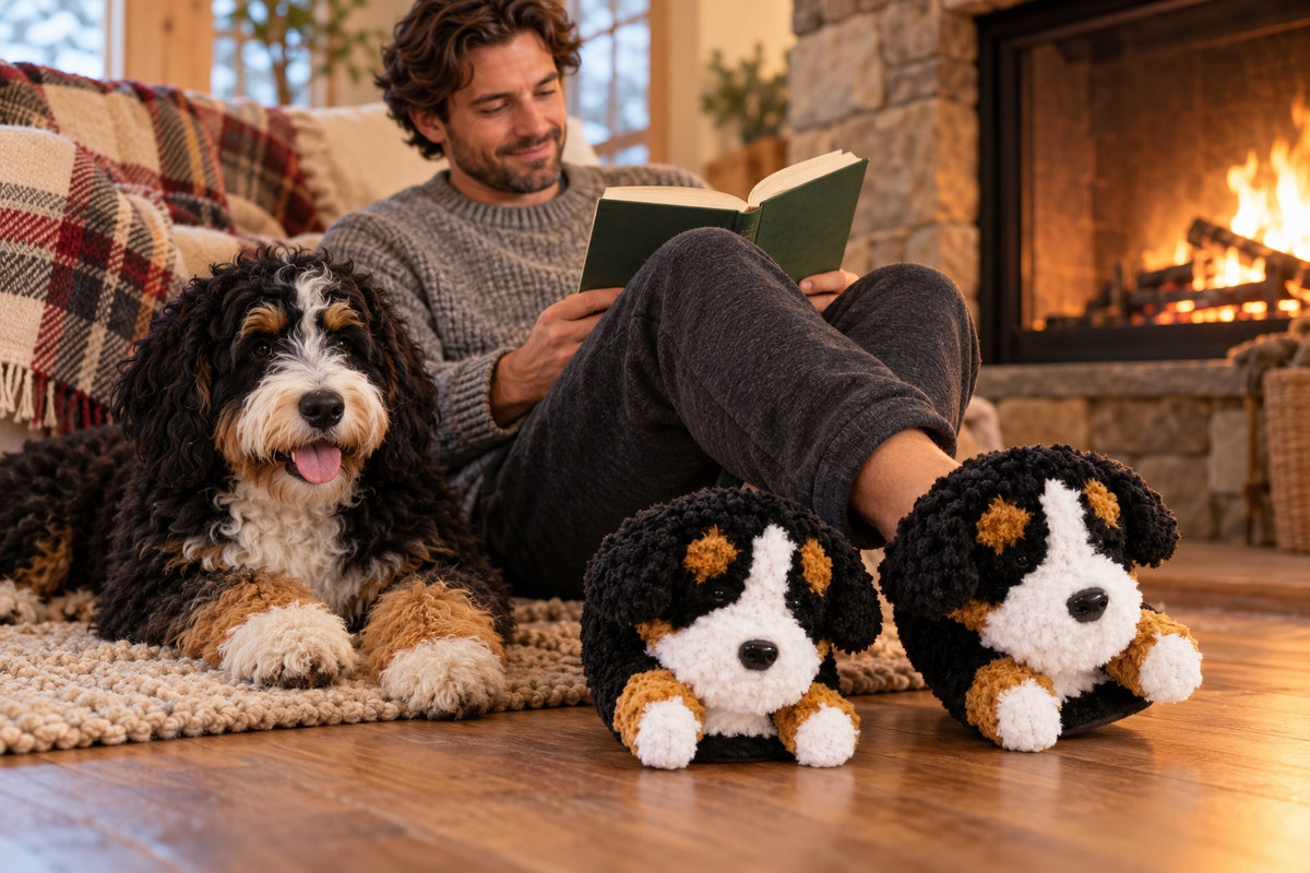 Man reading by the fireplace wearing Bernedoodle Slippers next to his Bernedoodle