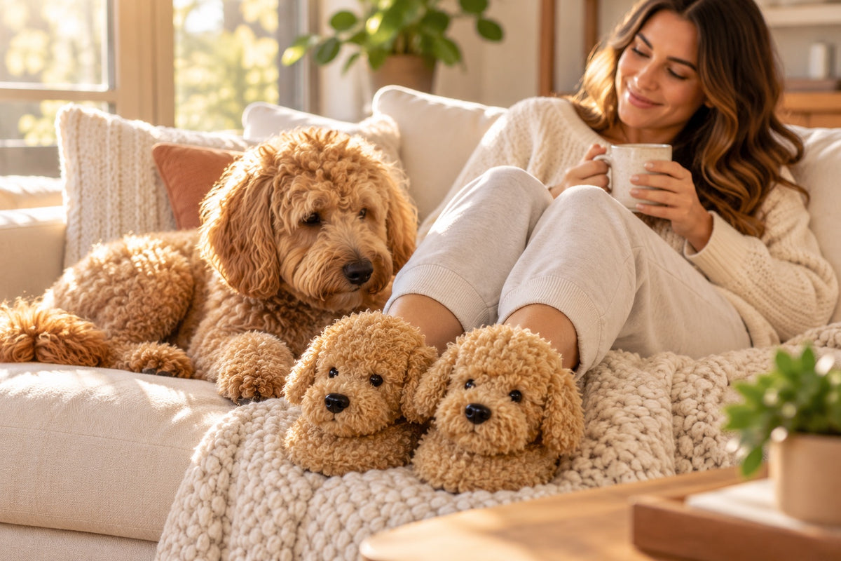 Woman relaxing on a sofa wearing Brown Doodle Slippers next to her goldendoodle