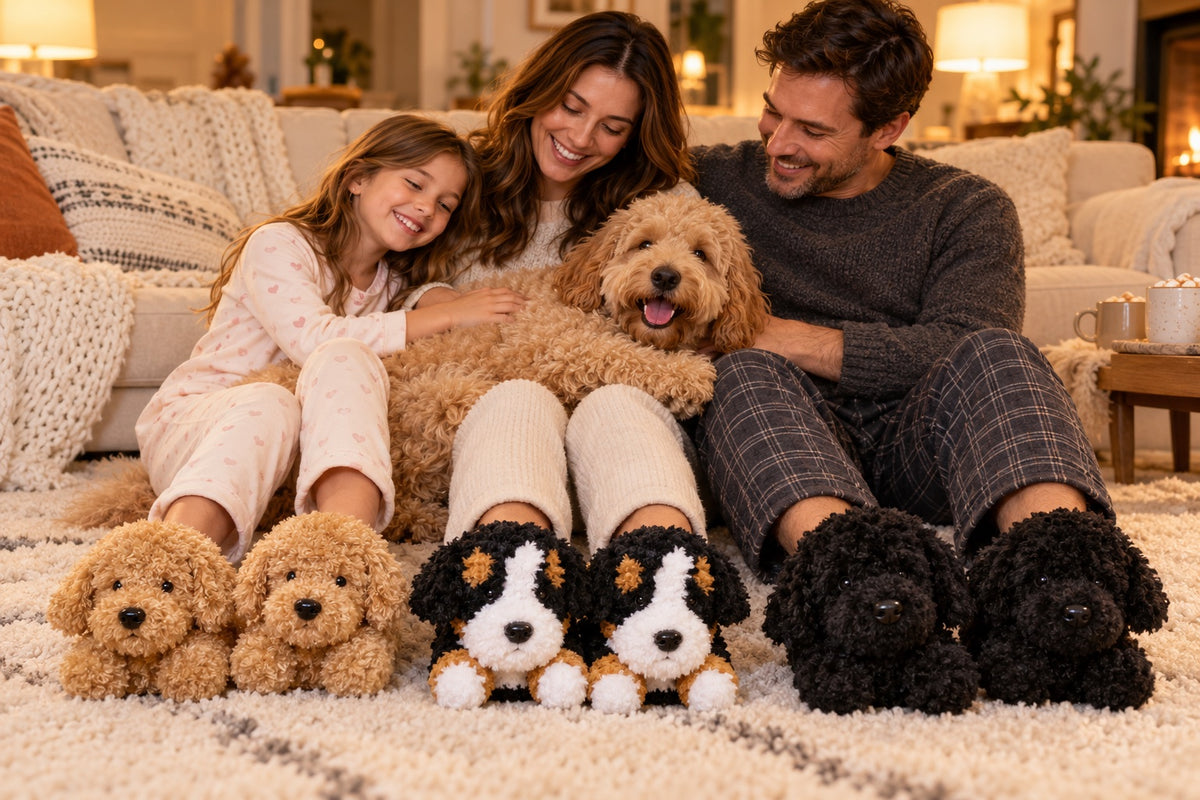 Family on the living room rug wearing Brown Doodle, Bernedoodle and Black Doodle Slippers with their goldendoodle
